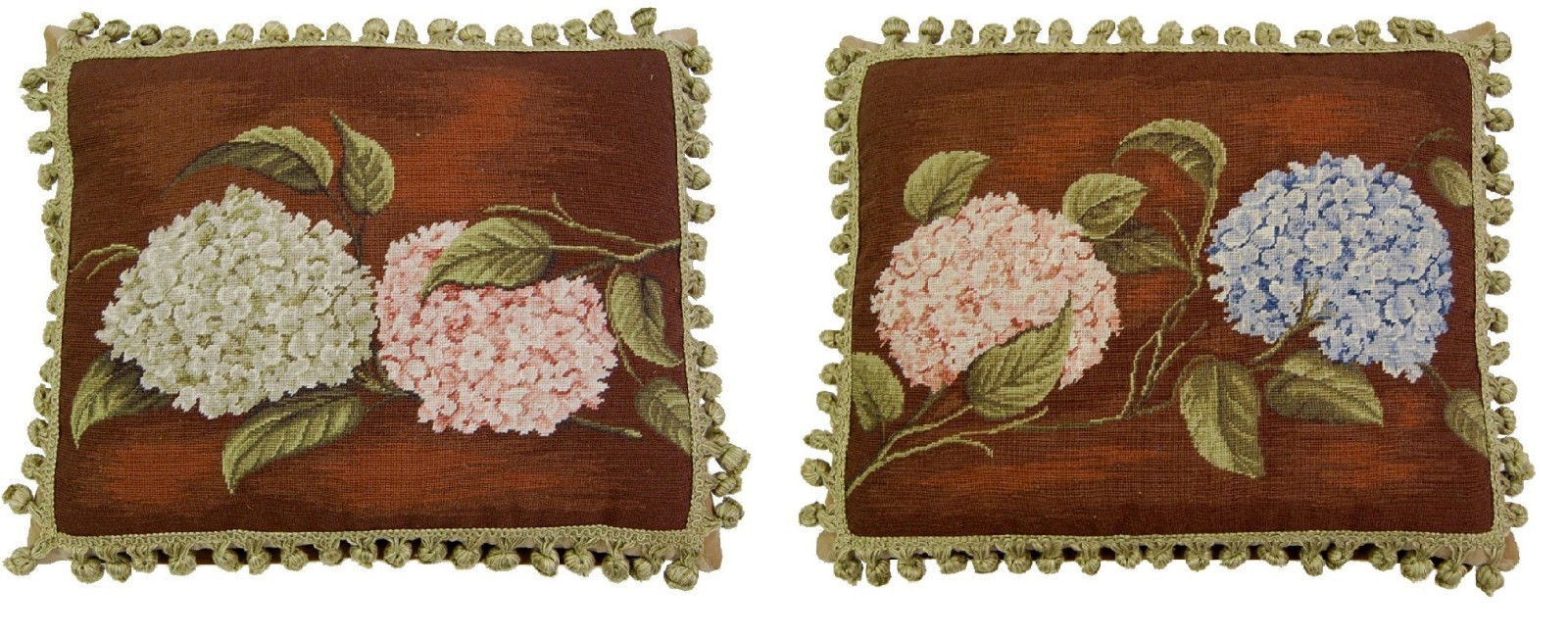 Pair of 16" x 20" Handmade Wool Needlepoint Hydrangea Pillows with