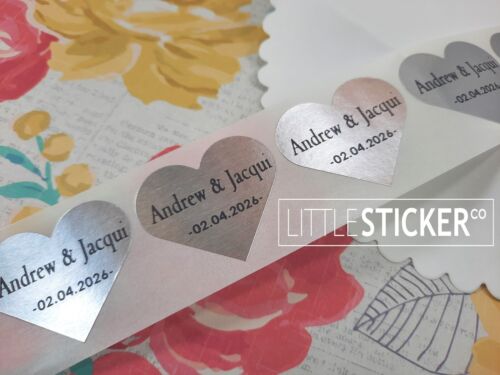 SILVER HEARTS Wedding Favour Labels Personalised Favor Gift Stickers  x 100! - Picture 1 of 11