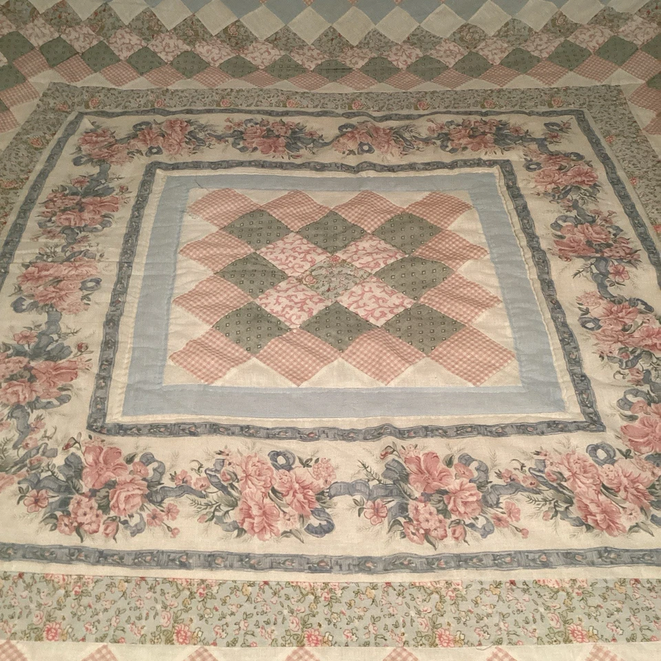 Trip Around the World Quilt 100x86 Queen Pastel Pink Blue Green Shabby REPAIR - Image 3 of 4