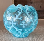 Antique FENTON Blue Opalescent Spanish Lace 4.5 inch Rose Bowl Vase crimped top
