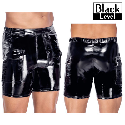 Black Level Men Vinyl Shorts Black Loose Padded Zip Flap Pockets Elastic Waist