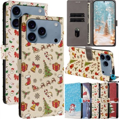 Hülle für iPhone 17 16 13 14 15 12 11 8 Weihnachten Leder Wallet Case Handyhülle