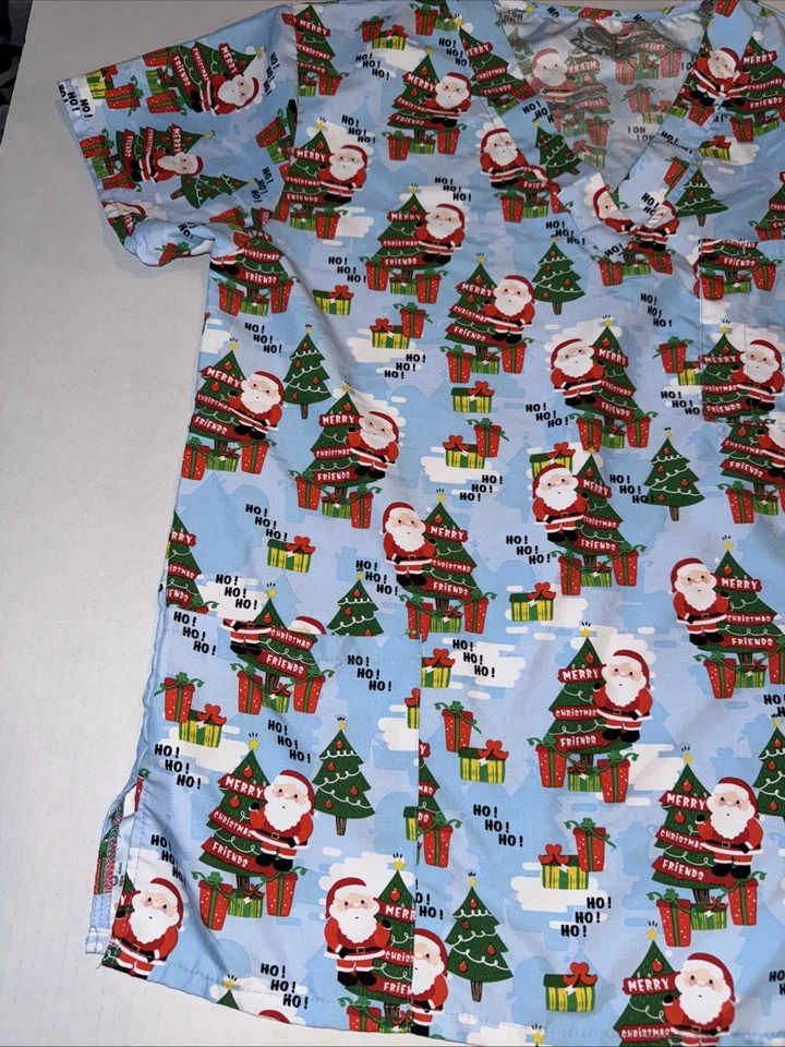 I Love Scrubs Uniform Scrub Top Shirt CHRISTMAS CHEER Christmas Tree Large Santa - Image 2 of 4