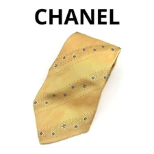 CHANEL Coco Mark Regimental Flower Yellow Silk Tie 