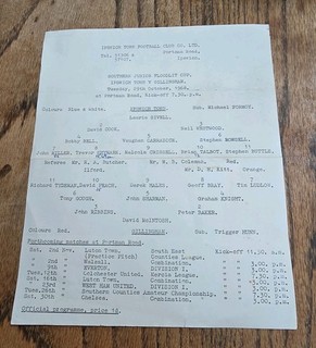 IPSWICH TOWN V GILLINGHAM SJ FLOODLIT CUP SINGLE SHEET 1968/69