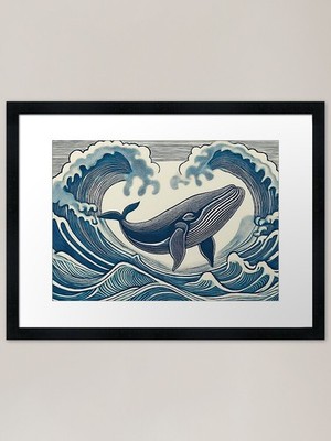 Wal springt über die Wellen Linol gerahmtes Wandbild Poster Leinwanddruck Bild