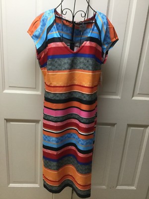Beige by eci Multi Stripe Floral Print Scuba Dress 12 NWT, Orange, Bule, Grey