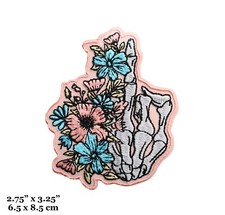 Skeleton Hand Middle Finger FU Flowers Skull Punk Pink Embroidered Iron On Patch