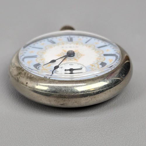 VTG Elgin Pocket Watch Gold & Blue Dial Silver Case W/ Locomotive Design 18s 7j - Picture 6 of 11