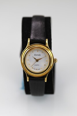 Eternity Damenuhr Gold Edelstahl WR Schwarzes Lederband Batterie Weißes Quarz