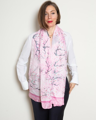 Cherry Blossoms Hand Painted Silk Scarf Pink Sakura Floral Scarf Birthday Gift - Picture 4 of 12