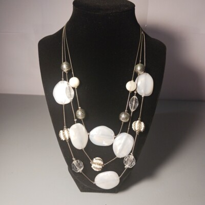 NY 3 Strand White Clear Beaded 17'' Necklace~3'' Extention