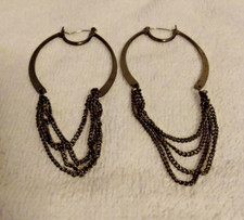 Vintage Large Slate Gray Metal Hoop Earrings w/Multi Chain Dangles 3.5 in Long