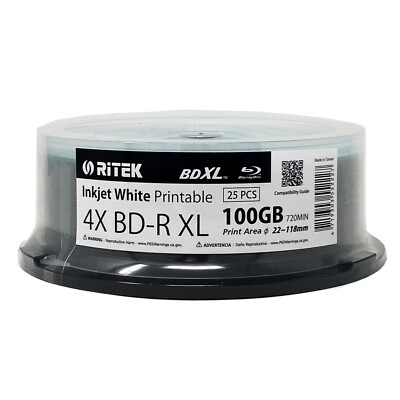 25 Ritek BD-R XL BDXL 4X 100GB Archival 3Layer White Inkjet Printable Blank Disc