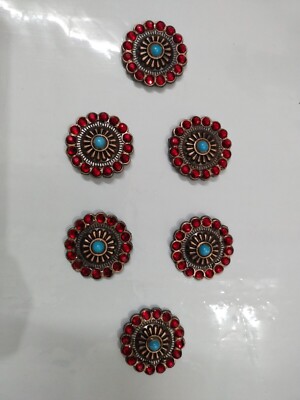 Lot De 6 Conchos Carrés Ridex Pour Selle Western - Décor Rouge Et Argent - Fabriqué En Inde
