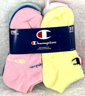 Champion Girls No-Show Socks Athletic SZ 3Y-5Y 6-Pk w/ Logo Script Multicolor