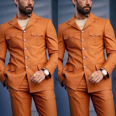 2 Pcs Men's Safari Jackets Orange Multi Pockets Outdoor Sport Wear Hunting Coats