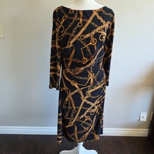 Lauren Ralph Lauren Dress Black Gold Equestrian Bit Bridle Stretch Ruched Sz 14
