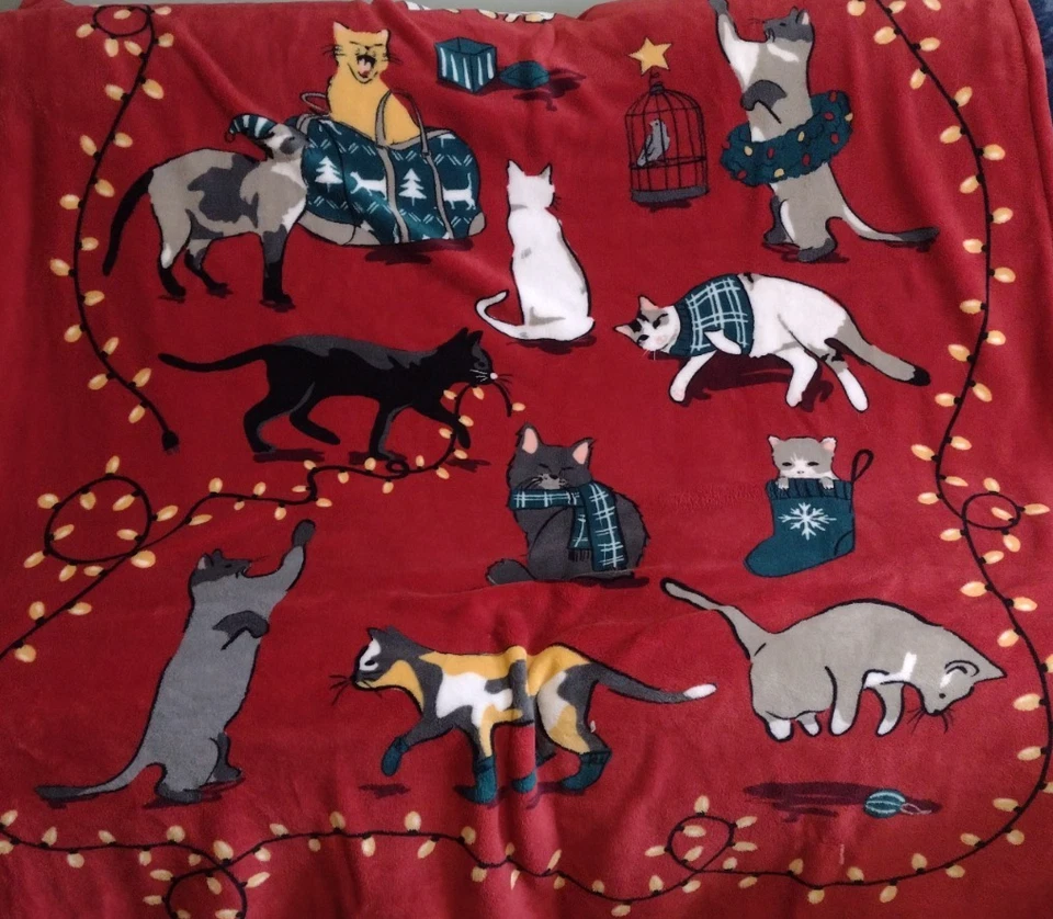 Vera Bradley Rojo Vacaciones Gatito Gato Navidad Manta Cálida Vellón 84"x52" Foto 2 de 4