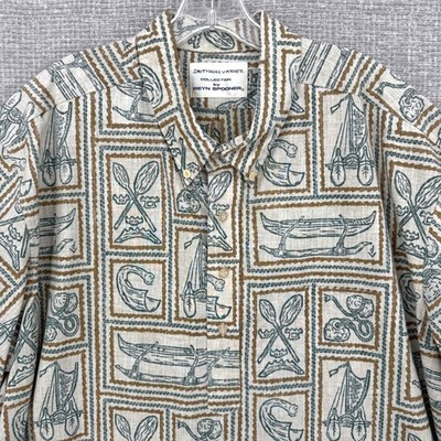 Reyn Spooner Sz 3XL Tan Blue Pullover Shirt Hawaiian Canoe Ocean Tribal Varez