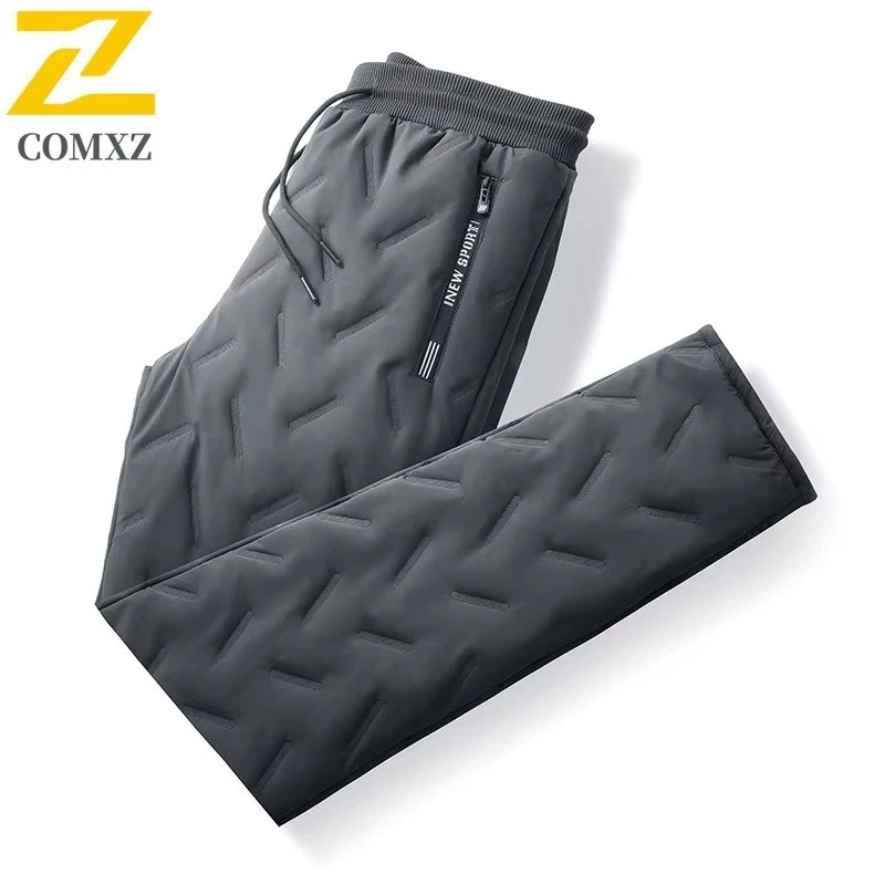 Men's Winter Down Cotton Pants Casual Waterproof Zipper Pocket Warm Pants