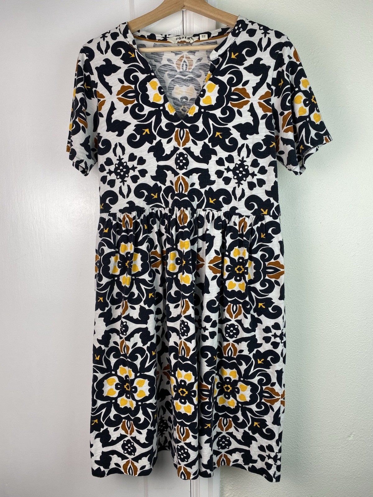 Boden Women's 10L White Black Yellow Floral Cotton Short Sleeve A-Line Dress