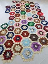 Vintage Feed Sack Hand Stitched Hexagon Grandma Flower Garden Quilt 121x65 inch