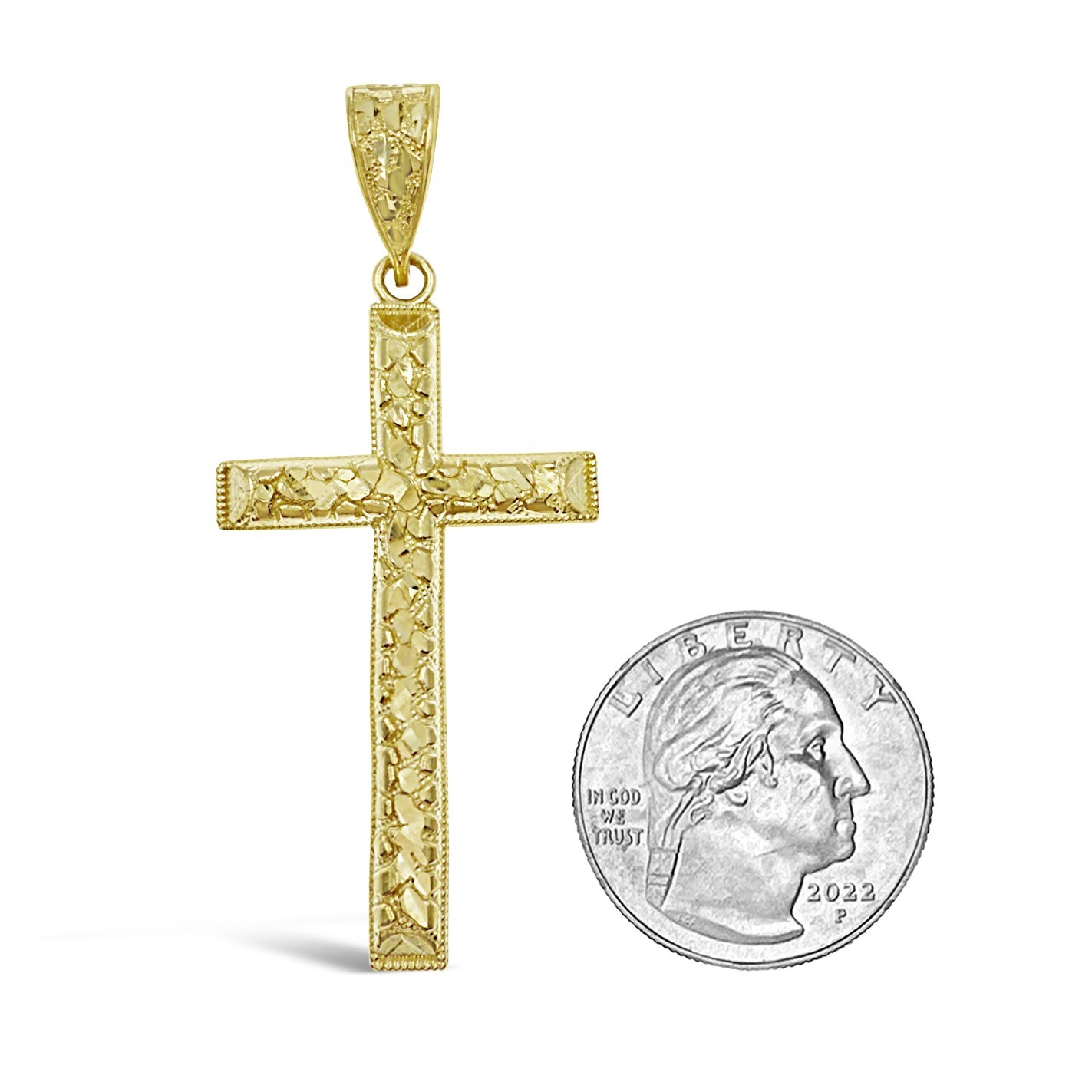 10K Yellow Gold Nugget Cross Pendant Religious Charm 2.4 inch