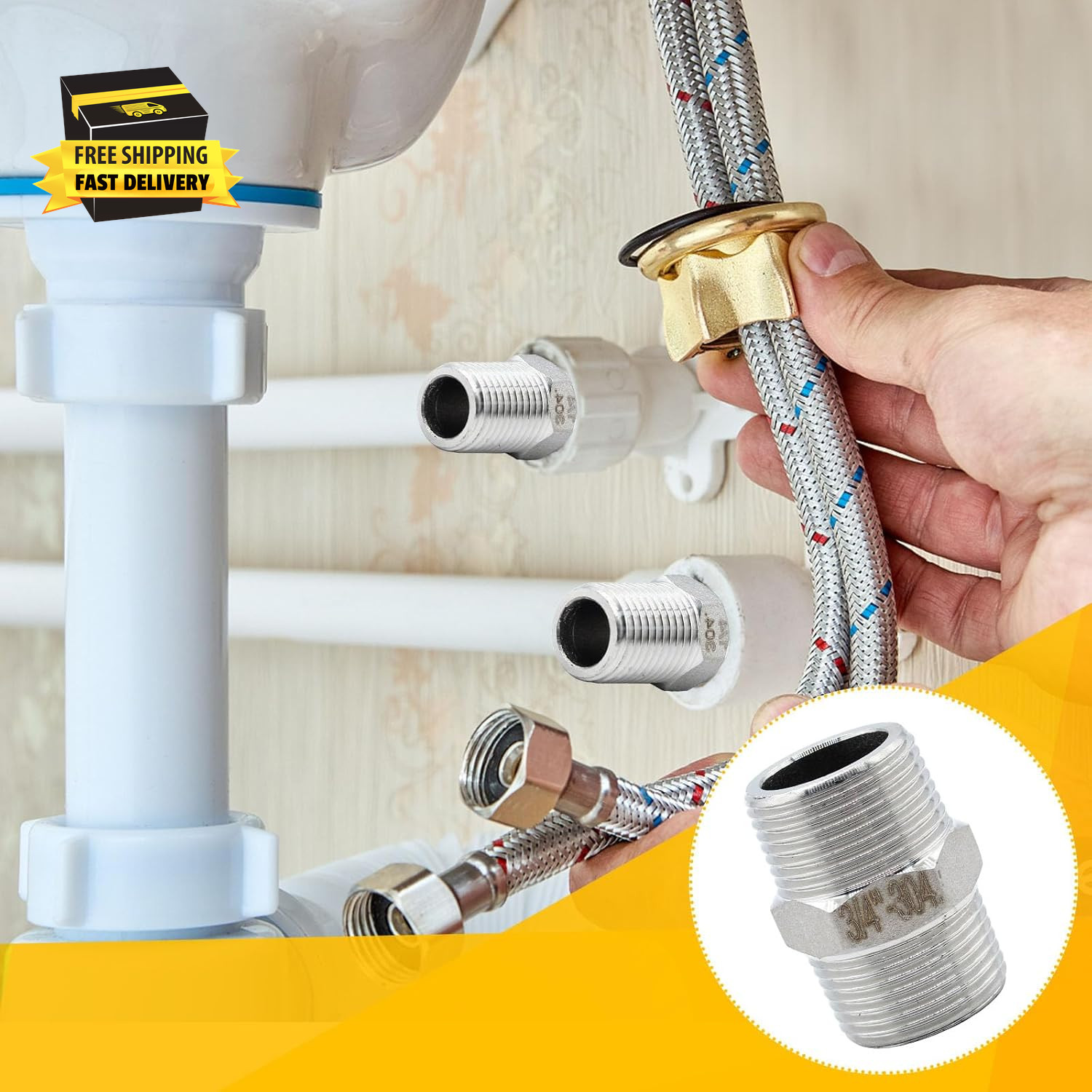 4 Pcs 3/4" X 3/4" NPT Male Hex Nipple, 304 Stainless Steel Threaded Pipe Fitting