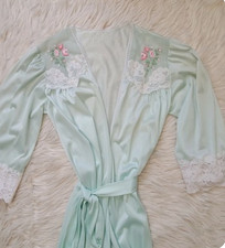 Vtg Sears Lace Sheer Robe Peignoir Lingerie Light Mint Green XS Belted Nightgown