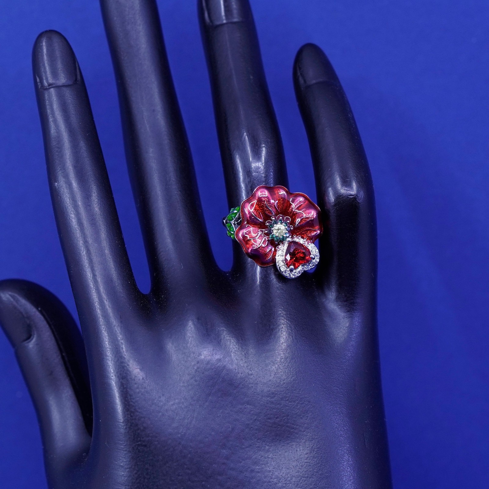 Size 6, Sterling 925 silver ring w/ ruby heart an… - image 3