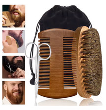 Beard Grooming Kit 4pcs Brush Comb Scissors Bag Men Care Set Wooden Boar Bristle