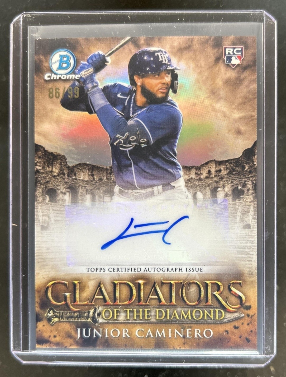 2024 Bowman Junior Caminero Gladiators of the Diamond Chrome Auto RC #/99 Rays