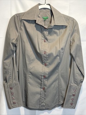 United Colors Of Benetton Button Up Blouse Gray W/Pink Buttons Long Cuff Size M