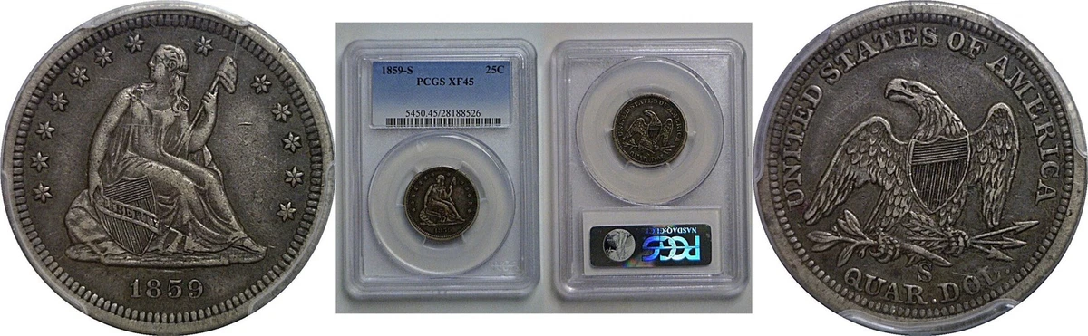 San Francisco 1859 Year Seated Liberty US Quarters (1838-1891) for