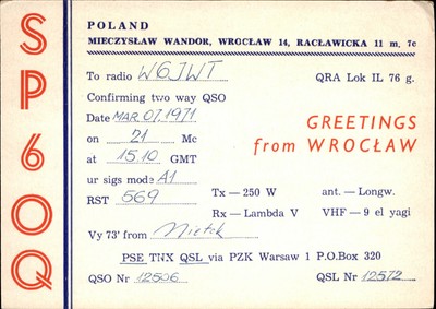 QSL radio card SP6OQ 1971 Wroclaw Poland Mieczyslaw Wandor Lines
