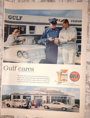 1959 Gulf Oil Vintage Print Ad Gas Station Service Pride Mechanic Customers Cars