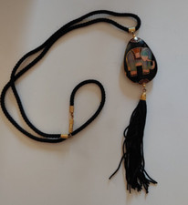 Vintage Black Cord Cloisonne Tear Drop Elephant Pendant Tassel Necklace