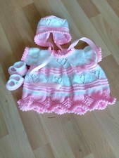 Handknit newborn baby dress bonnet shoes bright pink  multi coloured yarn showe