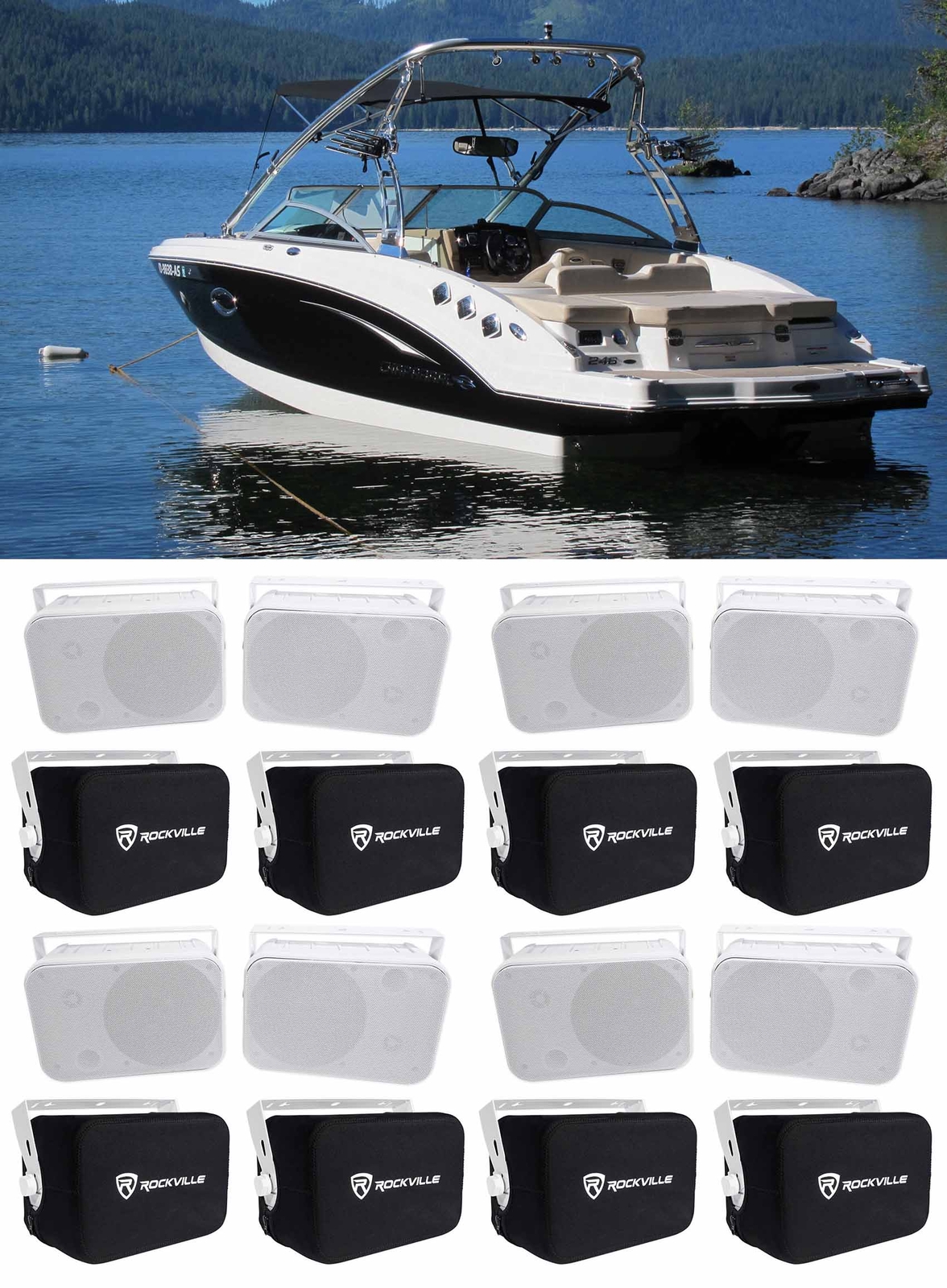 8 Rockville HP65S-8 65-дюймовых морских коробчатых динамиков Поворотные кронштейныЧехлы для лодок