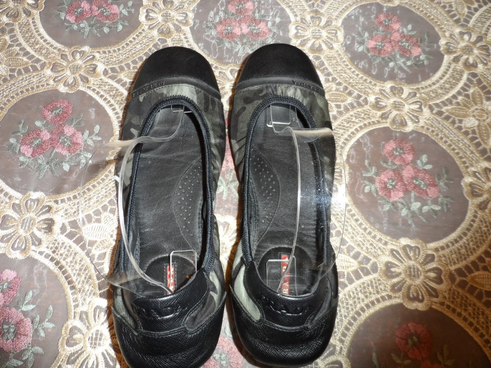 Prada Sport Verde/Negro Camuflaje Estampado Elástico Lona/Cuero Ballet Pisos Talla 7 Foto 2 de 4