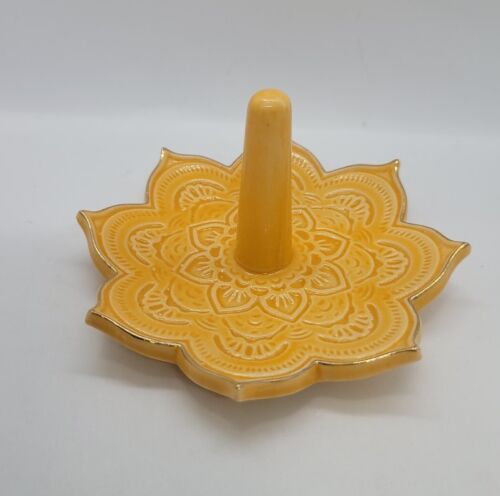 Ring Holder Yellow Ceramic Mandala Jewelry Holder Decorative Lotus Trinket Tray - Picture 1 of 5