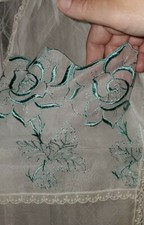 Vintage Half Apron Sheer Chiffon and Lace Edges White Blue Floral Pockets Pretty
