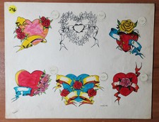 ORIGINAL 1980's Vintage Guidline Shop Used Tattoo Flash Sheet Hand Colored Heart