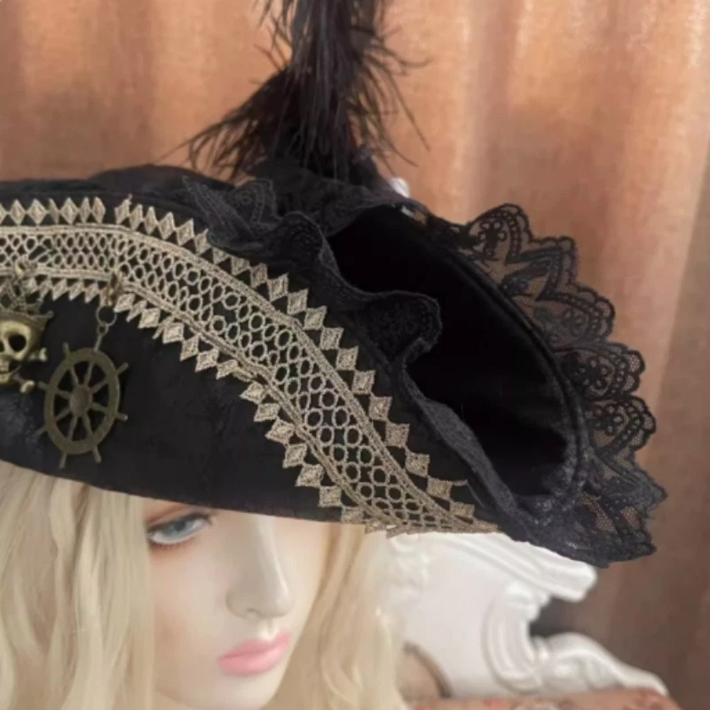 Retro Pirata Tricorne Sombrero Piratas del Caribe Utilería Mujeres Disfraz Juegos con disfraces Foto 4 de 4