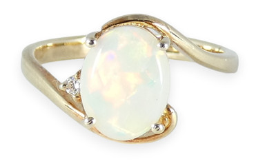 Solid 14ct Yellow Gold Solid White Fire Opal & Diamond Dress Ring Size 7 N 54
