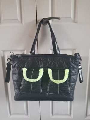 Walking Mama Mum Baby Changing Bag Pram Pushchair Black W Neon Green Fur  UK