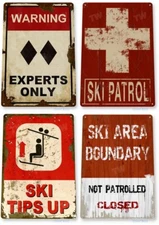 Tinworld Skiing Signs, 4-Pack, Experts Only, Ski Patrol, Ski Boundary, Lot