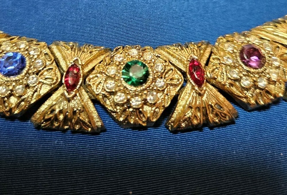 Unsigned Multi-Colored-Stone Link Gold Tone Brace… - image 5