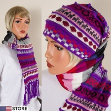 UNISEX Authentic Peruvian Wool One-piece Hand Knit Chullo Cap Scarf Hat Beanie
